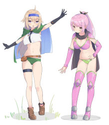 Rule 34 | 2girls, :d, ahoge, anklet, arm up, belt, bikini, black gloves, blonde hair, blue eyes, blue hairband, blush, boots, brown belt, brown eyes, brown footwear, closed mouth, detached sleeves, elbow gloves, fanny pack, full body, gloves, grass, green bikini, green panties, hairband, hand on own hip, highres, jewelry, long hair, looking at viewer, multiple girls, navel, open mouth, original, outstretched arms, pa. (tatuya28001), panties, pink bikini, pink hair, pink sleeves, ponytail, purple eyes, short hair, shoulder pads, sidelocks, simple background, smile, standing, swimsuit, thigh strap, two-tone bikini, underwear, white background
