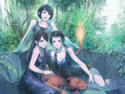 Rule 34 | 3girls, absurdres, aerith gainsborough, black hair, breasts, brown hair, catmilk2020, cleavage, dress, final fantasy, final fantasy vii, headband, highres, looking at viewer, lying, multiple girls, on side, plant, red xiii, short hair, sitting, sleeveless, sleeveless dress, smile, tail, tifa lockhart, tree, yuffie kisaragi