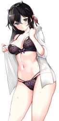 Rule 34 | 1girl, :o, absurdres, arknights, bare shoulders, black hair, blacknight (arknights), blue hair, blush, bow, bow bra, bra, breasts, brown eyes, cleavage, collarbone, cowboy shot, highres, horns, large breasts, lingerie, long hair, long sleeves, looking at viewer, mole, mole on breast, mole under eye, multicolored hair, off shoulder, open clothes, open shirt, panties, parted lips, penguin uwu, pointy ears, purple bow, purple bra, purple panties, see-through, shirt, side-tie panties, solo, streaked hair, thighs, two-tone hair, underwear, undressing, wet, white shirt