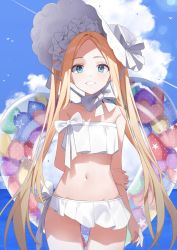 Rule 34 | 1girl, abigail williams (fate), abigail williams (swimsuit foreigner) (fate), abigail williams (swimsuit foreigner) (third ascension) (fate), bare shoulders, beach, bikini, blonde hair, blue eyes, blue sky, blush, bonnet, bow, breasts, fate/grand order, fate (series), forehead, grin, hair bow, highres, innertube, kimi (jxrm5387), long hair, looking at viewer, miniskirt, navel, ocean, parted bangs, sidelocks, skirt, sky, small breasts, smile, solo, swim ring, swimsuit, twintails, very long hair, white bikini, white bow, white headwear