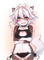 Rule 34 | 1girl, animal ears, blush, bra, breasts, cat, cat lingerie, cleavage, cleavage cutout, clothing cutout, eyebrows, fang, furry, furry female, highres, looking at viewer, meme attire, open mouth, panties, short hair, solo, tail, tears, thick eyebrows, underwear, white hair, yuuki (yuyuki000)
