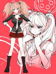 Rule 34 | 1girl, bear hair ornament, black footwear, black necktie, boots, bow, breasts, cleavage, cropped torso, danganronpa: trigger happy havoc, danganronpa (series), enoshima junko, hair ornament, hands on own hips, highres, knee boots, large breasts, miniskirt, multiple views, mushroom on head, nail polish, necktie, plaid, plaid skirt, red bow, red nails, red skirt, shirt bow, skirt, smile, standing, twintails, two-tone necktie, wayon154, white necktie