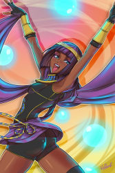Rule 34 | 1girl, aqua eyes, armpits, arms up, ass, blunt bangs, bracer, capcom, circlet, commentary, dark-skinned female, dark skin, eyeshadow, fingerless gloves, gloves, highres, hime cut, looking at viewer, makeup, menat, open mouth, purple hair, shawl, signature, sleeveless, smile, solo, street fighter, street fighter v, thighhighs, wallace pires