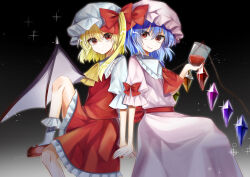 Rule 34 | 2girls, absurdres, ascot, back-to-back, bat wings, blonde hair, blue brooch, blue hair, bobby socks, bow, brooch, collared shirt, crystal, dark background, flandre scarlet, foot out of frame, frilled shirt collar, frilled skirt, frilled sleeves, frills, gradient background, hair between eyes, hair bow, hat, highres, jewelry, light smile, looking at viewer, mary janes, medium hair, mob cap, multicolored wings, multiple girls, nail polish, one eye closed, one side up, pink hat, pink shirt, pink skirt, puffy short sleeves, puffy sleeves, red ascot, red bow, red eyes, red footwear, red nails, red skirt, red vest, remilia scarlet, sakuraame, shirt, shoes, short sleeves, siblings, simple background, sisters, skirt, skirt set, sleeve bow, socks, touhou, vest, white hat, white socks, wings, yellow ascot