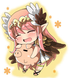 Rule 34 | 1girl, :d, animal, blush, brown wings, chibi, circe (fate), closed eyes, commentary request, dress, fate/grand order, fate (series), feathered wings, full body, hair between eyes, head wings, headpiece, holding, holding animal, long hair, open mouth, oshiruko (uminekotei), pig, pink hair, pleated dress, pointy ears, sidelocks, smile, solo, very long hair, white dress, white wings, wings
