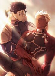 Rule 34 | 2boys, archer (fate), armor, blood, blood on clothes, blood on face, blood on hands, blue hair, carrying, carrying person, closed mouth, coat, commentary, cu chulainn (fate), earrings, english commentary, fate/stay night, fate (series), gravesecrets, hand on another&#039;s head, highres, jewelry, large pectorals, leather armor, long hair, male focus, multiple boys, parted lips, pectorals, ponytail, red coat, red eyes, short hair, shoulder armor, sidelighting, tassel, white hair