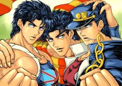 Rule 34 | 3boys, arm around neck, blue eyes, blue hair, boy sandwich, chain, cigarette, clenched hand, earrings, gakuran, grandfather and grandson, green eyes, hand on another&#039;s head, hand on shoulder, hat, jewelry, jojo no kimyou na bouken, jonathan joestar, joseph joestar, joseph joestar (young), kuujou joutarou, male focus, multiple boys, muscular, sandwiched, scarf, school uniform, striped clothes, striped scarf, united kingdom, you (akagi-1945)