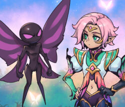 Rule 34 | 1boy, alternate height, black gloves, black pants, black skin, colored skin, eye contact, ezreal, faerie court ezreal, fairy, gem, gloves, green eyes, green shirt, grey hair, grey shirt, hands on own hips, juliet sleeves, league of legends, long sleeves, looking at another, male focus, multicolored background, navel, pants, phantom ix row, pink eyes, pix (league of legends), puffy sleeves, shirt, short hair, wings
