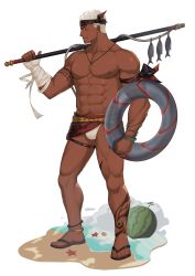 Rule 34 | 1boy, abs, absurdres, arm tattoo, bandaged arm, bandages, bara, biceps, black headband, blush, bulge, facial hair, fishing rod, food, fruit, full body, headband, highres, innertube, large pectorals, leg tattoo, looking at viewer, male focus, male swimwear, mature male, muscular, muscular male, navel, navel hair, nipples, original, pectorals, short hair, sideburns, solo, stomach, stubble, swim briefs, swim ring, swimsuit, swimsuit under clothes, tattoo, thick thighs, thighs, topless male, tribal, watermelon, white background, white male swimwear, white swim briefs, zhuganchangjiadan