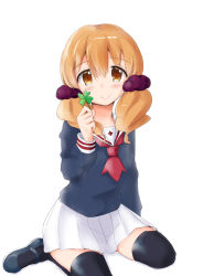 Rule 34 | 1girl, black thighhighs, blush, clover, four-leaf clover, long sleeves, looking at viewer, low twintails, mary janes, neckerchief, orange hair, over-kneehighs, rocha (aloha ro cha), school uniform, scrunchie, serafuku, shoes, short hair, simple background, sitting, skirt, smile, solo, thighhighs, tokita moeko, twintails, wakaba girl, wariza, white background, white skirt, yellow eyes