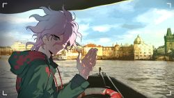 Rule 34 | 1boy, absurdres, boat, building, cloud, commentary request, danganronpa (series), danganronpa 2: goodbye despair, day, from side, green jacket, grey eyes, grey hair, hair between eyes, hand up, highres, hood, hood down, hooded jacket, jacket, komaeda nagito, long sleeves, looking at viewer, male focus, medium hair, messy hair, open clothes, open jacket, outdoors, photo background, photorealistic, realistic, scenery, sin11111, smile, solo, standing, tagme, upper body, water, watercraft