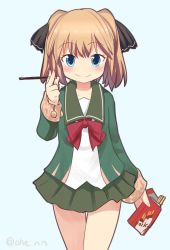 Rule 34 | 1girl, ahenn, blue background, blue eyes, blush, brown hair, cowboy shot, food, fur trim, green jacket, green skirt, hachijou (kancolle), holding, holding food, jacket, kantai collection, long sleeves, pleated skirt, pocky, red ribbon, ribbon, short hair, simple background, skirt, smile, solo, twitter username