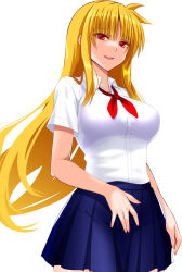 Rule 34 | 1girl, blonde hair, blue skirt, breasts, collared shirt, commentary request, cowboy shot, dress shirt, engo (aquawatery), fate testarossa, highres, large breasts, long hair, lyrical nanoha, mahou shoujo lyrical nanoha strikers, neckerchief, open mouth, pleated skirt, red eyes, red neckerchief, school uniform, shirt, simple background, skirt, smile, solo, white background, white shirt