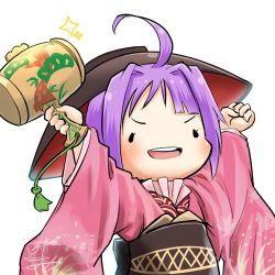Rule 34 | . ., 1girl, ahoge, arms up, profile picture, bowl, bowl hat, chamaji, commentary, floral print, hair intakes, hat, holding, holding weapon, japanese clothes, kimono, long sleeves, looking at viewer, lowres, mallet, mini person, minigirl, miracle mallet, obi, pink kimono, purple hair, sash, signature, smile, solid oval eyes, solo, sparkle, sukuna shinmyoumaru, tassel, touhou, upper body, weapon, white background, wide sleeves