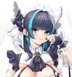 Rule 34 | 1girl, :3, animal ears, apron, aqua eyes, azur lane, black hair, blue ribbon, blunt bangs, blush, breasts, buki nankou, cat ears, cheshire (azur lane), cleavage, cleavage cutout, close-up, clothing cutout, commentary, cropped, curtains, detached sleeves, dress, earrings, fang, frilled hairband, frilled headband, frilled ribbon, frills, hair intakes, hairband, highres, jewelry, large breasts, looking at viewer, maid, maid headdress, multicolored hair, neck ribbon, paw pose, puffy detached sleeves, puffy sleeves, purple apron, ribbon, sidelocks, skin fang, skindentation, smile, solo, standing, streaked hair, thighhighs, wrist cuffs, zettai ryouiki