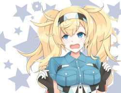 Rule 34 | 1girl, blonde hair, blue eyes, blue shirt, breast pocket, breasts, collared shirt, commentary, gambier bay (kancolle), gloves, hairband, kantai collection, kodama (user rnfr3534), large breasts, open mouth, pocket, shirt, solo, star (symbol), starry background, tears, twintails, upper body, white background