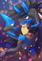 Rule 34 | absurdres, black cape, black hat, blue ribbon, brown bag, cape, closed mouth, clothed pokemon, commentary, creatures (company), game freak, gen 4 pokemon, hat, highres, lucario, lucario (costume party), neck ribbon, nintendo, nullma, pokemon, pokemon (creature), pokemon unite, red eyes, ribbon, signature, smile, solo, toes
