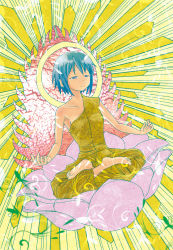 Rule 34 | 10s, 1girl, agetoff, alternate costume, bare shoulders, barefoot, blue eyes, blue hair, collarbone, feet, highres, indian clothes, indian style, mahou shoujo madoka magica, mahou shoujo madoka magica (anime), matching hair/eyes, meditation, miki sayaka, short hair, sitting, smile, soles, solo, tenshin ran (agetoff), toes