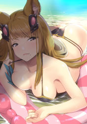 Rule 34 | 1girl, alternate costume, animal ears, ass, beach, bikini, black bikini, blush, breasts, brown eyes, closed mouth, collarbone, commentary request, erune, fang, fang out, granblue fantasy, hair ornament, halterneck, highres, innertube, long hair, looking at viewer, lying, medium breasts, metera (granblue fantasy), mole, mole under mouth, nukkoru, ocean, on stomach, perspective, pink lips, sand, shiny skin, smile, solo, swim ring, swimsuit, water