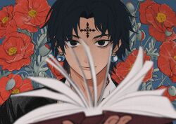 Rule 34 | 1boy, black eyes, black hair, black suit, book, chrollo lucilfer, cross tattoo, earrings, expressionless, facial mark, facial tattoo, floral background, forehead mark, forehead tattoo, formal, glowing, glowing earrings, highres, holding, holding book, hunter x hunter, jewelry, looking at viewer, male focus, nen (hunter x hunter), open book, shirt, short hair, solo, suit, tattoo, tyisha25614706, upper body, white shirt