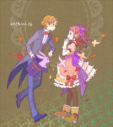 Rule 34 | 1boy, 1girl, atlus, bird, blush stickers, boots, bow, bowtie, brown background, brown eyes, brown hair, choker, coattails, confetti, dress, earrings, formal, frills, hair ornament, hanamura yousuke, hat, heart, jewelry, kujikawa rise, magician, michaelovten, open mouth, own hands together, persona, persona 4, ponytail, rabbit, ribbon, simple background, smile, sparkle, suit, tailcoat, top hat, traditional bowtie, unworn hat, unworn headwear, valentine, wand