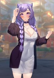 Rule 34 | 1girl, alternate costume, alternate hairstyle, arm up, bangle, blush, bracelet, braid, breasts, building, choker, cleavage, coat, collarbone, cone hair bun, covered navel, cowboy shot, dress, esencey, genshin impact, hair bun, hair ornament, hairclip, hand in own hair, highres, jewelry, keqing (genshin impact), large breasts, long sleeves, looking at viewer, necklace, night, open clothes, open coat, outdoors, purple eyes, purple hair, skin tight, solo, standing, symbol-shaped pupils, twin braids
