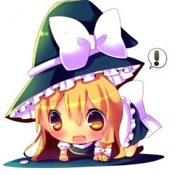 Rule 34 | !, 1girl, all fours, blonde hair, bow, braid, chibi, chocolat (momoiro piano), coin, fang, female focus, hair bow, hat, hat bow, kirisame marisa, long hair, on floor, open mouth, side braid, simple background, single braid, solo, touhou, witch, witch hat, yellow eyes