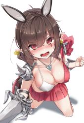 Rule 34 | 1girl, absurdres, animal ears, armor, bikini, bikini top only, blush, breasts, brown hair, cleavage, clenched hand, collarbone, embarrassed, facial mark, from above, hair between eyes, hair ribbon, highres, holding, holding sword, holding weapon, jewelry, large breasts, looking at viewer, low twintails, medium hair, miniskirt, necklace, nose blush, open mouth, original, pleated skirt, pointy ears, rabbit ears, red eyes, red skirt, ribbon, shield, shoulder armor, skirt, solo, standing, swimsuit, sword, twintails, weapon, wet.elephant, white background, yellow ribbon