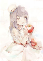 Rule 34 | 1girl, absurdres, bare shoulders, brown eyes, collared dress, commentary request, dress, food, frilled dress, frills, grey hair, hanagin, hands up, hat, highres, holding, holding food, long hair, looking at viewer, open mouth, original, sidelocks, sleeveless, sleeveless dress, solo, tilted headwear, tomato, white dress, white hat