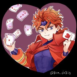 Rule 34 | 1boy, ace (playing card), ace of hearts, alternate color, alternate hair color, card, commentary request, dio brando, fangs, grm jogio, headband, heart, holding, holding card, jacket, jojo no kimyou na bouken, long hair, long sleeves, male focus, playing card, red hair, red jacket, solo, stardust crusaders