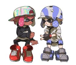 Rule 34 | 2girls, bandaid, bandaid on face, black gloves, blue hair, closed mouth, dark-skinned female, dark skin, fingerless gloves, gloves, grey eyes, grey footwear, helmet, ikki (gsl 9708), inkling, inkling girl, inkling player character, invisible chair, medium hair, motorcycle helmet, multicolored clothes, multicolored headwear, multiple girls, nintendo, pink hair, pointy ears, red footwear, rock paper scissors, shoes, simple background, sitting, splatoon (series), tentacle hair, thick eyebrows, white background