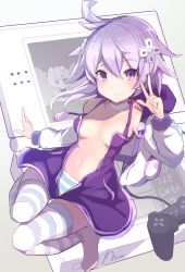 Rule 34 | 1girl, absurdres, ahoge, blush, breasts, choker, cleavage, d-pad, d-pad hair ornament, dress, hair between eyes, hair ornament, highres, kami jigen game neptune v, looking at viewer, navel, neptune (neptunia), neptune (series), open clothes, open mouth, panties, papion, purple eyes, purple hair, short hair, sidelocks, small breasts, smile, solo, striped clothes, striped panties, striped thighhighs, thighhighs, underwear, v, white choker