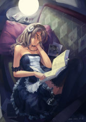 Rule 34 | 1girl, album cover, bare shoulders, black thighhighs, book, book stack, brown hair, couch, cover, dress, closed eyes, feathers, female focus, flower, glasses, green upholstery, hair ornament, hairclip, headphones, hjl, inkwell, light smile, lying, open book, patterned upholstery, pixiv fantasia, pixiv fantasia 5, purple flower, purple rose, quill, reading, rose, sleeping, solo, strapless, strapless dress, thighhighs