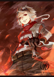 Rule 34 | 1boy, :p, animal ears, belt, braid, fire, gloves, goggles, goggles on head, gradient background, letterboxed, male focus, pixiv fantasia, pixiv fantasia wizard and knight, red eyes, scarf, short hair, silverwing, single braid, solo, sword, tongue, tongue out, weapon, white hair
