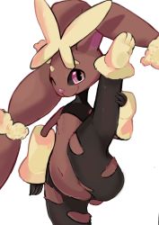 Rule 34 | 1girl, absurdres, animal ears, animal hands, animal nose, black pantyhose, black sclera, blueberry tea, body fur, brown fur, closed mouth, colored sclera, cowboy shot, creatures (company), female focus, flat chest, furry, furry female, game freak, gen 4 pokemon, happy, highres, leg up, looking at viewer, lopunny, mega lopunny, mega pokemon, navel, nintendo, one eye closed, pantyhose, pink eyes, pokemon, pokemon (creature), rabbit ears, rabbit girl, rabbit tail, simple background, smile, solo, split, sports bra, standing, standing on one leg, standing split, stomach, tail, torn clothes, torn pantyhose, white background, wink