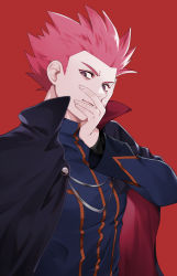 Rule 34 | 1boy, bad id, bad pixiv id, black cloak, blue jacket, bright pupils, cloak, closed mouth, commentary request, creatures (company), eyelashes, game freak, hand up, highres, jacket, john (user wmrz3824), lance (pokemon), long sleeves, male focus, nintendo, pink hair, pokemon, pokemon hgss, popped collar, red background, short hair, simple background, smile, solo, spiked hair, upper body, white pupils