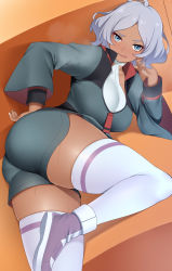 Rule 34 | 1girl, ass, asticassia school uniform, blue eyes, breasts, couch, dark-skinned female, dark skin, dot nose, grey hair, gundam, gundam suisei no majo, hand on own hip, highres, kippuru, large breasts, long sleeves, looking at viewer, on couch, pantylines, parted bangs, school uniform, secelia dote, shoes, skindentation, solo, sweat, thick thighs, thighhighs, thighs, tongue, tongue out, wide sleeves