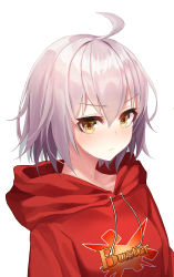Rule 34 | 1girl, ahoge, blush, buster shirt, face, fate/grand order, fate (series), frown, hair between eyes, highres, hood, hoodie, jeanne d&#039;arc (fate), jeanne d&#039;arc alter (avenger) (fate), jeanne d&#039;arc alter (fate), looking at viewer, minin982, red hoodie, short hair, simple background, solo, white background, white hair, yellow eyes