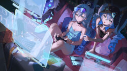 Rule 34 | 2girls, bare legs, bare shoulders, barefoot, bow, breasts, bronya zaychik, bronya zaychik (haxxor bunny), cleavage, closed mouth, collarbone, controller, couch, expressionless, eyewear on head, game controller, grey hair, hair between eyes, hair bow, highres, holding, holding controller, holding game controller, honkai: star rail, honkai (series), honkai impact 3rd, hood, hoodie, indoors, jacket, unworn jacket, long hair, multiple girls, on couch, open mouth, pointing, ponytail, salmon88, silver wolf (honkai: star rail), sitting, sleeveless, small breasts, smile, teeth, twintails, upper teeth only
