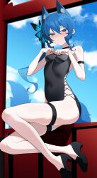 Rule 34 | 1girl, 8851 (user kpkf3322), absurdres, animal ears, armband, black choker, black footwear, blue eyes, blue sky, blush, breasts, china dress, chinese clothes, choker, cloud, commentary request, dress, fox ears, fox girl, fox tail, highres, hololive, hoshimachi suisei, legband, loafers, looking at viewer, medium breasts, navel, paw pose, shoes, side ponytail, side slit, sky, smile, solo, tail, thighs, virtual youtuber