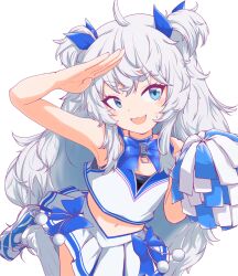 Rule 34 | 1girl, :d, black sports bra, blue bow, blue bowtie, blue eyes, blue ribbon, blue skirt, bow, bowtie, breasts, cheerleader, crop top, goddess of victory: nikke, hair ribbon, hensheru, highres, leg up, long hair, official alternate costume, open mouth, poli (cheer up police) (nikke), poli (nikke), pom pom (cheerleading), ribbon, salute, shoes, short twintails, sidelocks, simple background, skirt, small breasts, smile, sneakers, socks, solo, sports bra, sweatdrop, twintails, two-tone skirt, very long hair, wavy hair, white background, white hair, white skirt, white socks