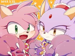 Rule 34 | 2girls, amy rose, animal ears, blaze the cat, blush, cat day, cat ears, cat paw, claws, eyelashes, fangs, forehead jewel, furry, furry female, green eyes, hairband, hedgehog ears, highres, machimo129, multiple girls, open mouth, paw pose, paw print, pink fur, purple fur, sonic (series), sweatdrop, yellow eyes