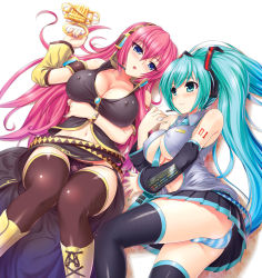Rule 34 | 2girls, aqua eyes, aqua hair, ass, bare shoulders, blue eyes, blush, boots, breasts, cleavage, covered erect nipples, curvy, detached sleeves, green nails, hatsune miku, holding another&#039;s arm, kawase seiki, knee boots, large breasts, long hair, lying, megurine luka, multiple girls, nail polish, necktie, no bra, open clothes, open mouth, open shirt, panties, pink hair, plaid, plaid skirt, purple nails, shirt, simple background, skirt, smile, straight hair, striped clothes, striped panties, thigh boots, thighhighs, thighs, twintails, underboob, underwear, very long hair, vocaloid, white background, zettai ryouiki