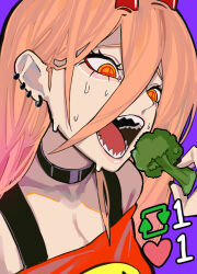 Rule 34 | 1girl, black choker, black nails, broccoli, brown hair, chainsaw man, choker, cross-shaped pupils, ear piercing, food, hair between eyes, highres, holding, holding food, horns, like and retweet, long hair, looking at object, off-shoulder shirt, off shoulder, open mouth, orange eyes, piercing, power (chainsaw man), purple background, red horns, sailen0, sharp teeth, shirt, simple background, solo, sweat, symbol-shaped pupils, teeth