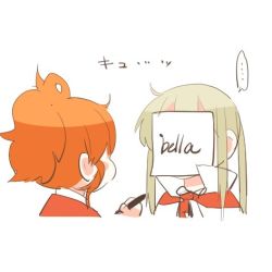 Rule 34 | ..., 10s, 2girls, aquila (kancolle), blonde hair, chibi, covered face, graf zeppelin (kancolle), high ponytail, italian text, kantai collection, lowres, marker, multiple girls, no headwear, no headwear, orange hair, paper, paper on head, rebecca (keinelove), sidelocks, spoken ellipsis, translated, twintails