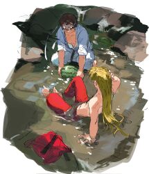 Rule 34 | 2boys, abs, arm support, arm up, barefoot, belt, black belt, blonde hair, brown hair, closed eyes, commentary, cre sendopedal, dougi, food, fruit, hand in own hair, headband, highres, holding, holding food, holding watermelon, ken masters, kneeling, leaning back, long hair, male focus, multiple boys, open clothes, pants, red pants, ryu (street fighter), shirt, single bare shoulder, sitting, sketch, sleeves rolled up, street fighter, street fighter zero (series), topless male, unworn clothes, water, watermelon, wet, white headband, white pants, white shirt