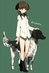 Rule 34 | 1girl, animal, bad id, bad pixiv id, black footwear, boots, braid, brown hair, dog, full body, green background, green eyes, hanna philine, heart, kodamari, long hair, long sleeves, military, military uniform, panties, simple background, solo, strike witches, twin braids, twitter username, underwear, uniform, white panties, world witches series