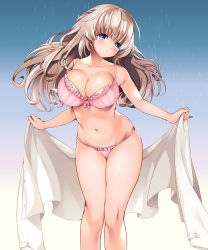 Rule 34 | 1girl, blue background, blue eyes, bow, bow bra, bra, breasts, cleavage, frilled bra, frilled panties, frills, gradient background, head tilt, highres, holding, holding clothes, holding shirt, large breasts, leaning forward, light brown hair, long hair, long sleeves, looking at viewer, navel, original, panties, parted lips, pink bra, pink panties, ruri rarako, shirt, skindentation, solo, standing, string panties, thighs, towel, underwear, underwear only, white shirt, white towel