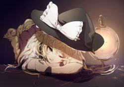 Rule 34 | 1girl, ;p, bad id, bad twitter id, blonde hair, bow, brown eyes, chair, dress, hat, hat bow, kirisame marisa, lamp, long hair, looking at viewer, no-kan, one eye closed, sitting, smile, solo, tongue, tongue out, top-down bottom-up, touhou, tsurime, white bow, witch hat, wristband