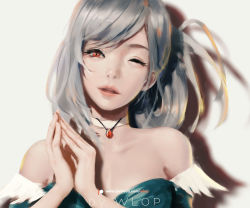 Rule 34 | 1girl, ;d, artist name, bare shoulders, choker, collarbone, dress, dungeon and fighter, gem, grey background, grey hair, hair rings, hands up, head tilt, jewelry, lips, long hair, looking at viewer, off-shoulder dress, off shoulder, one eye closed, open mouth, own hands together, pendant, red eyes, seria kirmin, shadow, simple background, smile, solo, swept bangs, upper body, watermark, web address, white choker, wlop